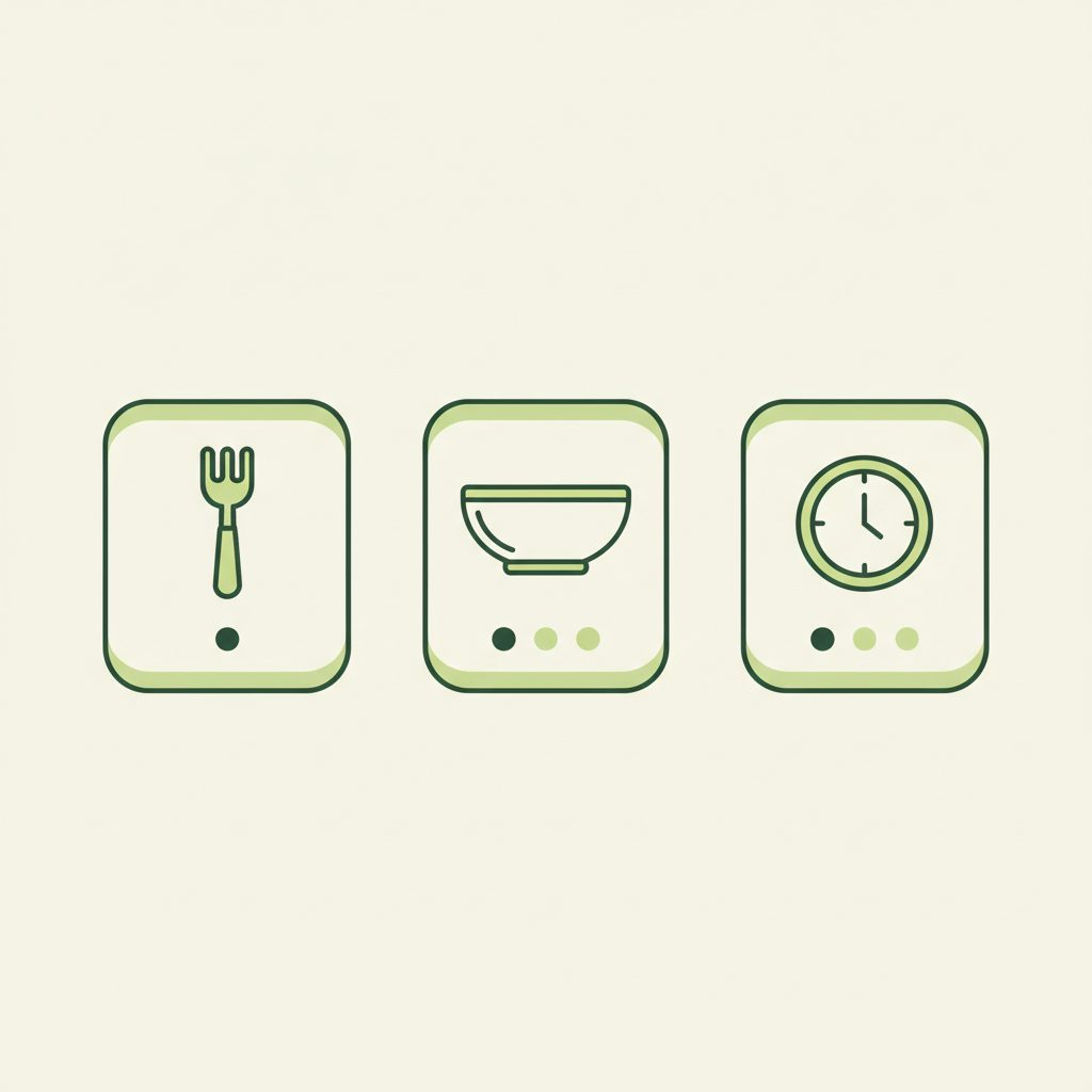 Minimalistische Vektor-Infografik mit Gabel-, Schüssel- und Uhr-Icons zur Darstellung von Salate pro Person, Portionen, Vorbereitung und Lagerung