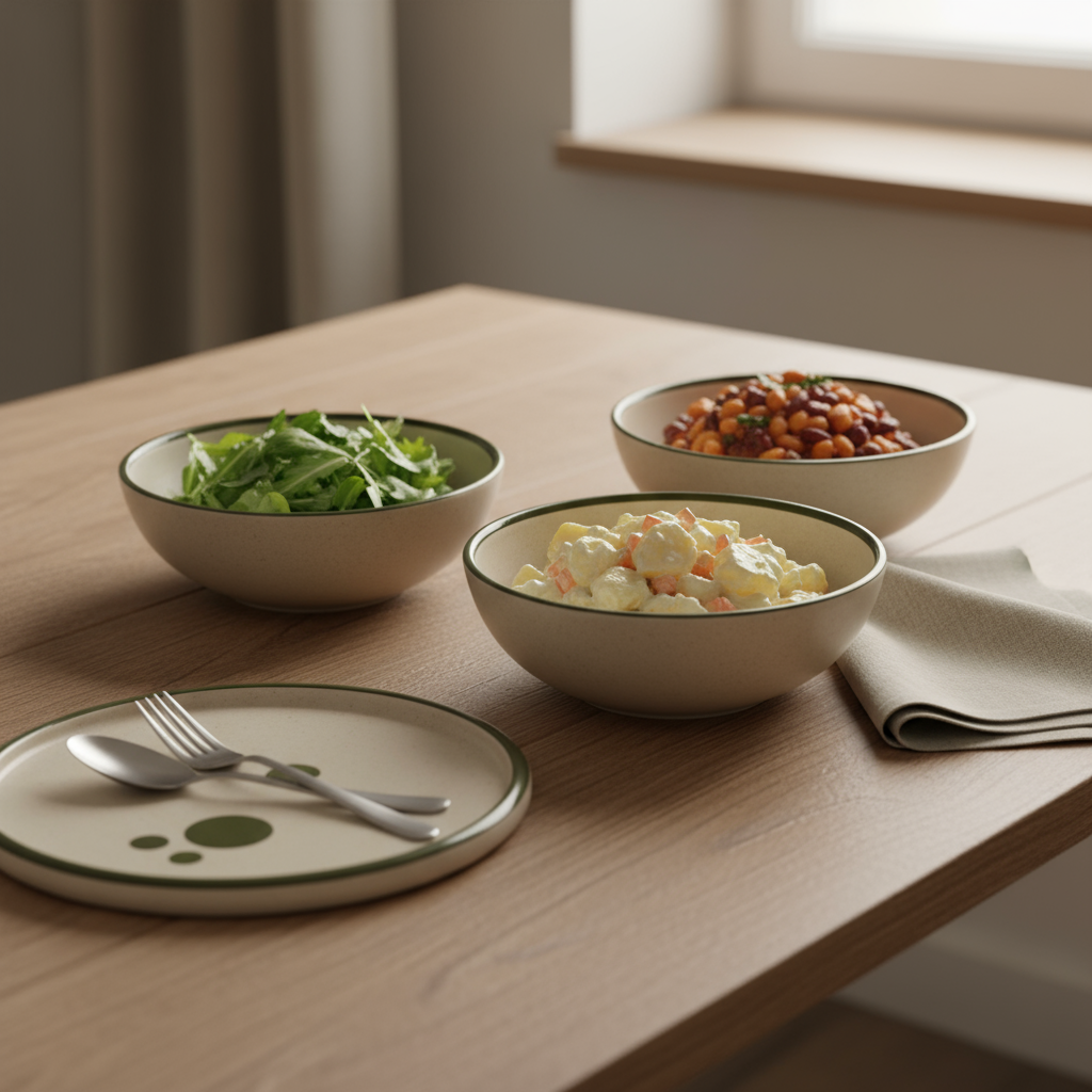 Nahaufnahme eines gedeckten Küchentisches mit mehreren Salatschüsseln (Grünsalat, Kartoffelsalat, Bohnensalat) vor neutralem Hintergrund in Markenfarben, Salate pro Person