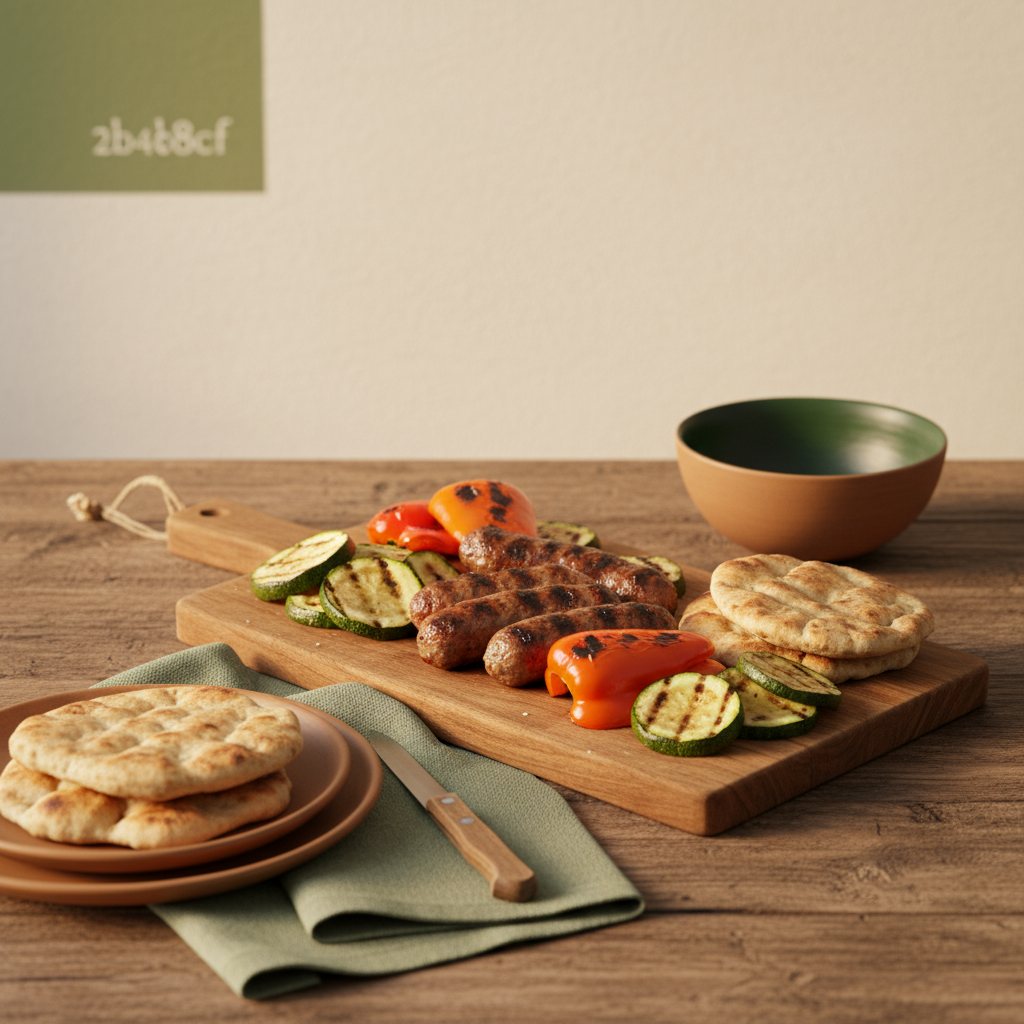 Was gehört zum Grillen dazu? Vollformatfoto: rustikaler Holztisch mit gegrilltem Fleisch, Paprika, Fladenbrot und natürlicher Deko in warmem Licht, Hintergrund #dbdbcf