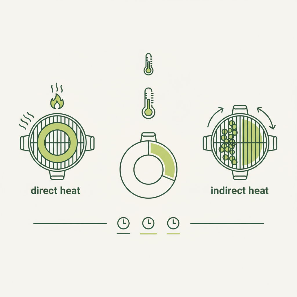 Minimalistische 2D-Vektor-Infografik mit Icons zu direkten vs indirekten Hitzezonen, Thermometer- und Uhren-Symbolen zur Grilldauer. Was eignet sich besonders gut zum Grillen?