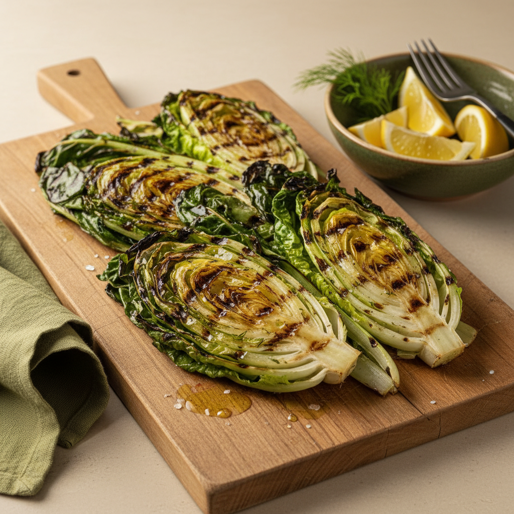 Close-up von gegrilltem Mangold und halbiertem Römersalat auf Holzbrett, warme, minimalistische Küchenszene mit Hintergrund #dbdbcf, Akzente #a5cd8d – Blattgemüse grillen