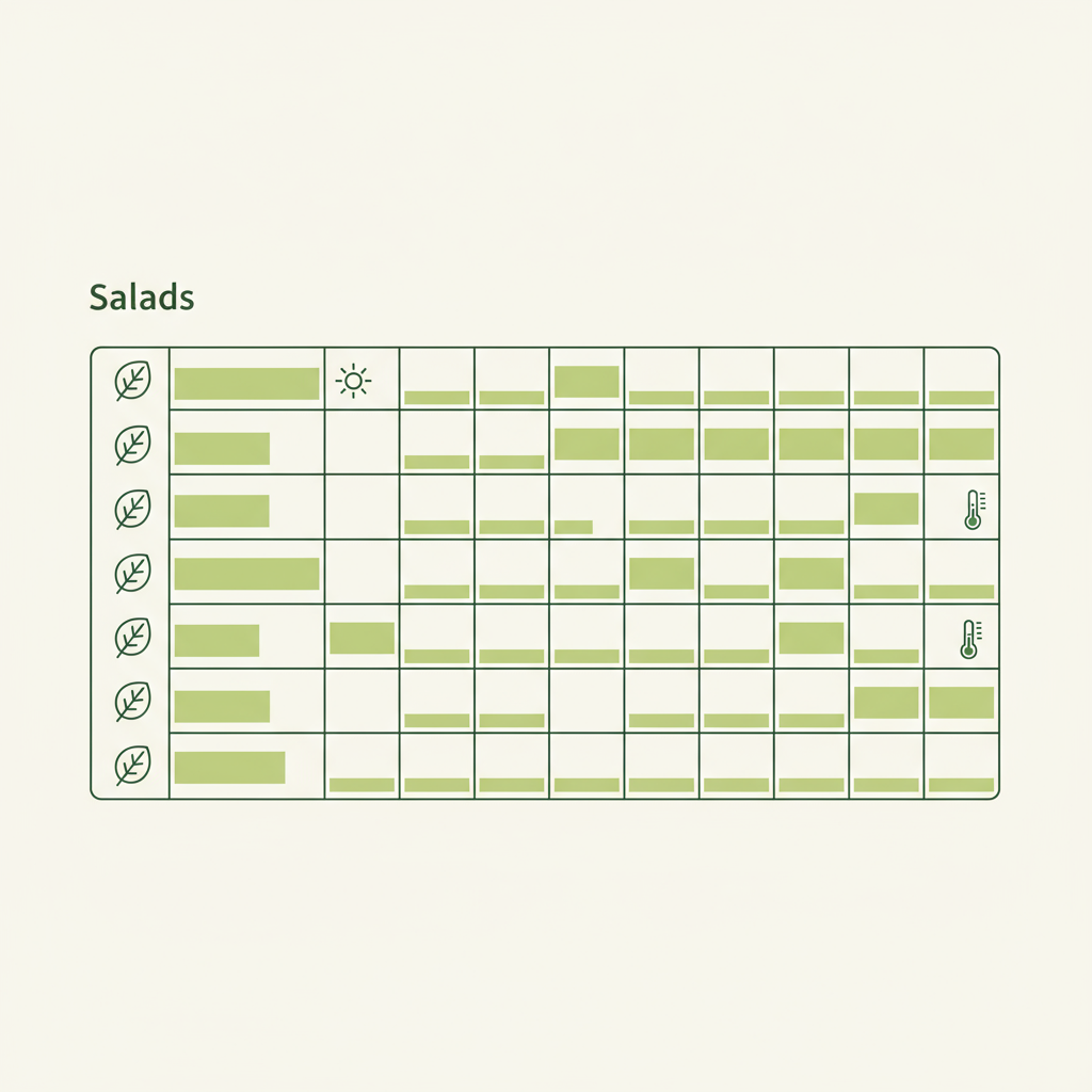 Welche Salate haben gerade Saison: Minimalistische 2D-Vektor-Infografik mit Monatsübersicht, saisonalen Balken und Blatt-, Sonnen- sowie Thermometer-Icons in Schnell-Lecker-Farben.