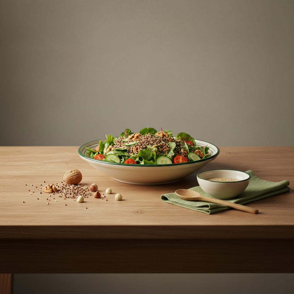Was kann man alles in einen Salat machen? Vollformatiges, minimalistisches Foto eines europäischen Salat-Bowls mit Blattsalaten, Körnern, Nüssen und Dressing vor #dbdbcf-Hintergrund.