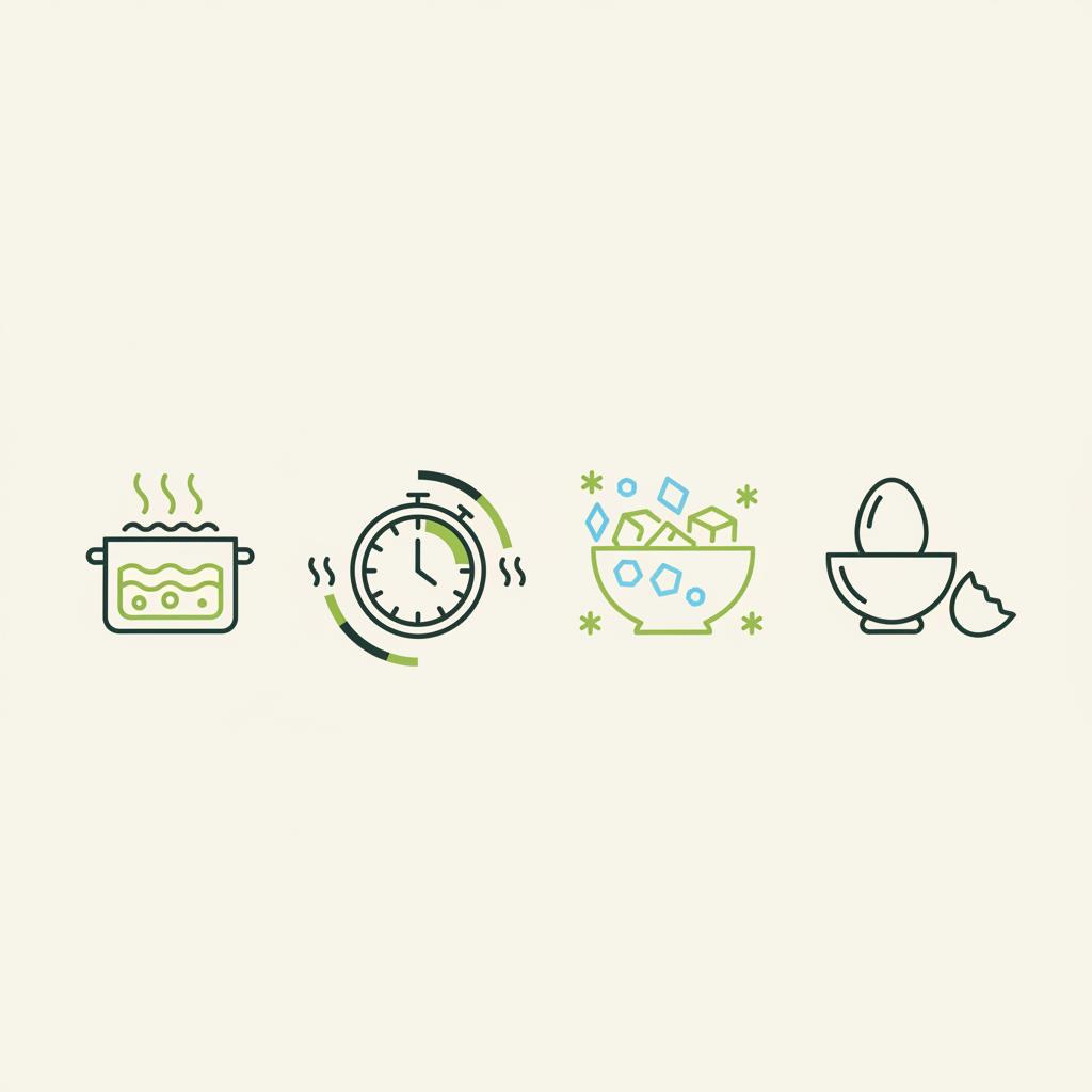 Minimalistische Vektor-Infografik zum Eier kochen: Topf, Timer, Eisbad und Schale als Icons mit visueller Zeitanzeige ohne Text in Schnell Lecker Farben