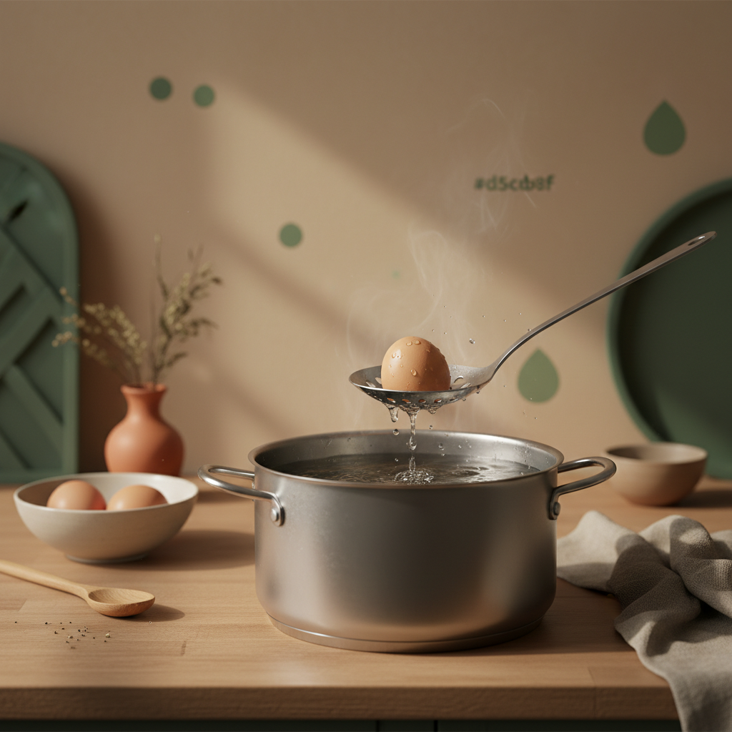 Eier kochen: Mittlerer Topf mit kochendem Wasser und Schaumlöffel, der ein Ei heraushebt, natürlicher Holztisch, warmes Morgenlicht, Hintergrund #dbdbcf, Akzente #a5cd8d