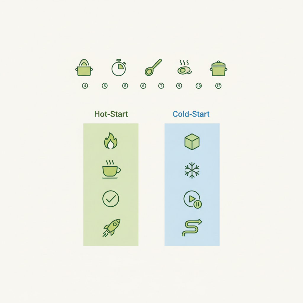 Minimalistische 2D-Vektor-Infografik zeigt Hot-Start vs Cold-Start Abläufe mit Timeline-Icons bei Minuten 4,5,6,7,9,12 – Eier ins Wasser symbolisch dargestellt