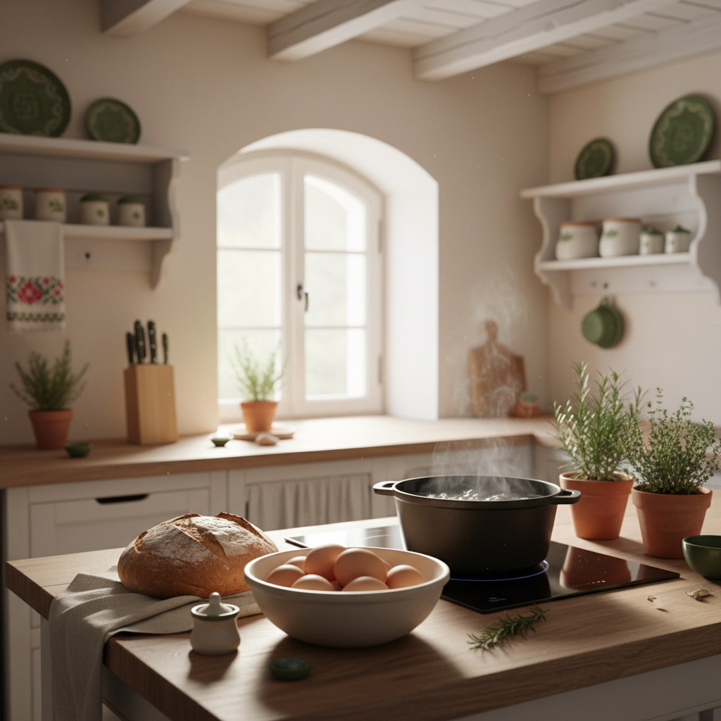 Eier in Schüssel neben Topf mit Wasser auf dem Herd in minimalistischer, warmer europäischer Küche, Eier ins Wasser sichtbar.