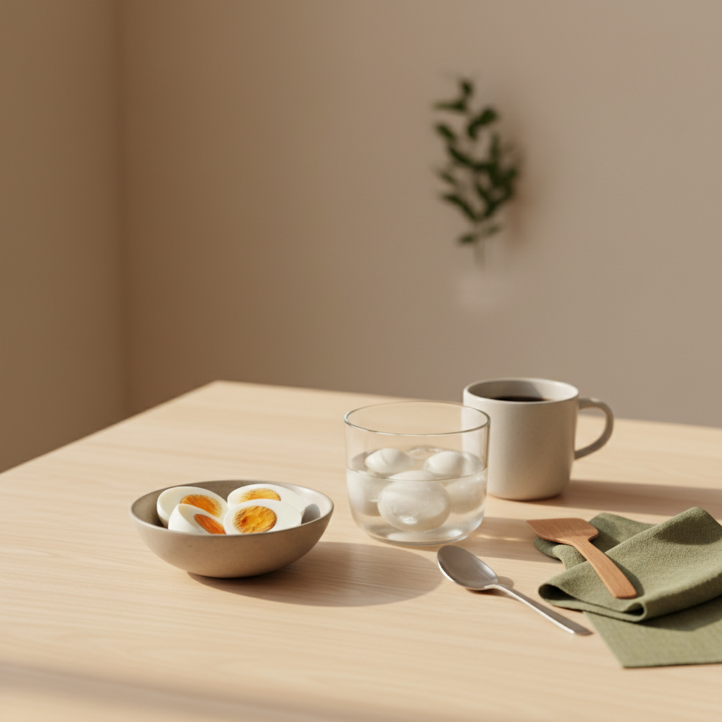 Nahaufnahme einer heimischen Küche mit Schale gekochter Eier, Eisbad-Behälter, Kaffee und Besteck auf Holztisch – Szene zum Eier kochen im warmen Morgenlicht