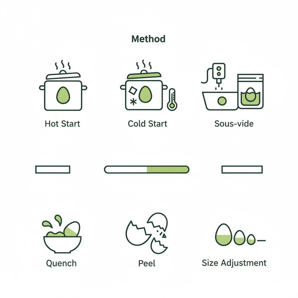 Minimalistische 2D-Vektor-Infografik zum Eier kochen mit Icons für Heißstart, Kaltstart, Sous-vide sowie Abschrecken, Schälen und Größenanpassung in Markenfarben