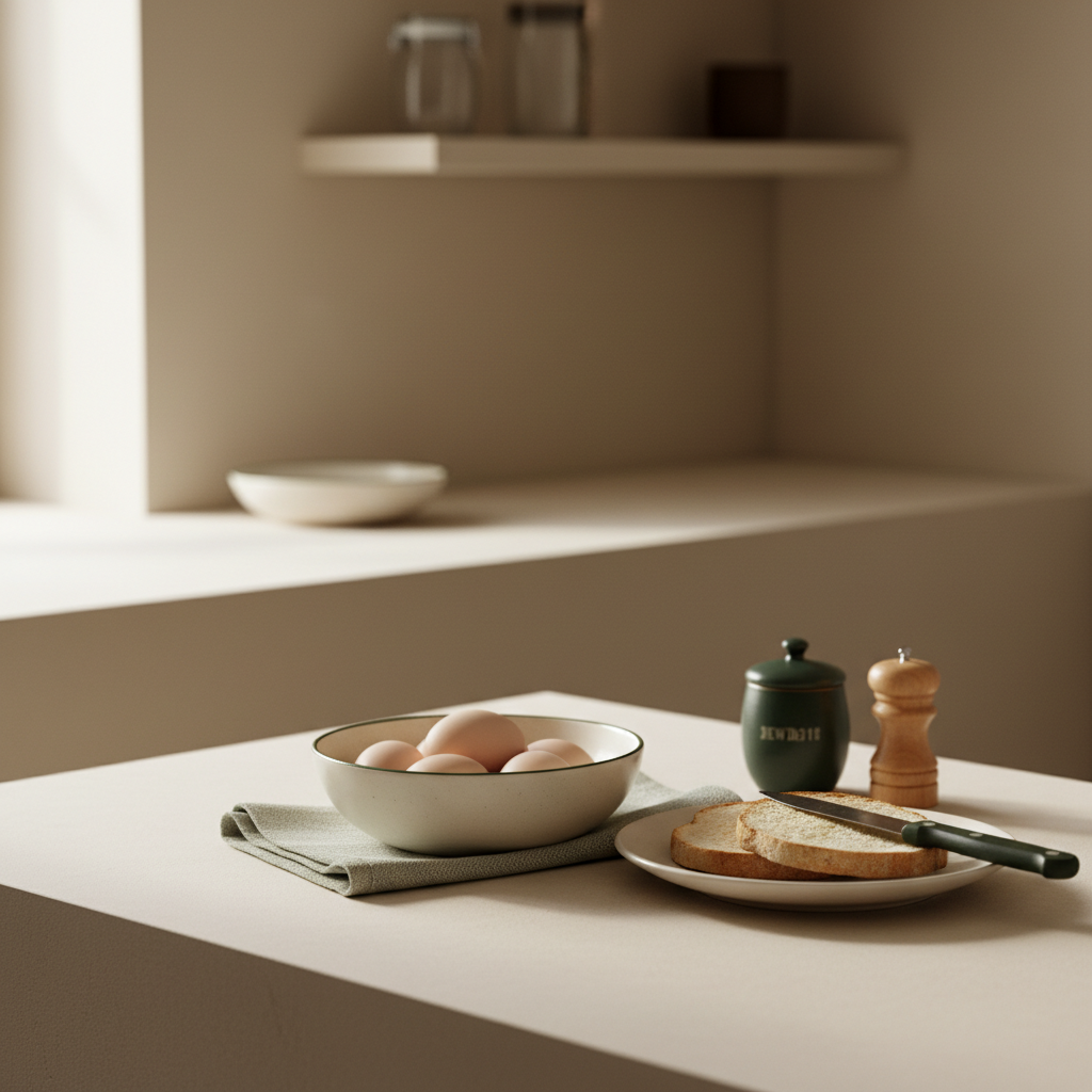 Heimeliges Küchen-Setup mit Schale voller Eier, Messer und Toast, minimalistischer Stil, helle Oberfläche #dbdbcf, Akzente #a5cd8d – Eier kochen im Fokus.