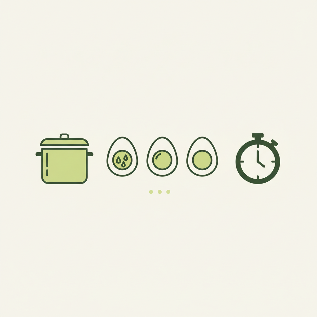 Minimalistische 2D-Vektor-Infografik mit Topf, Timer und drei Eierstadien (flüssig, wachsweich, hart) in Schnell-Lecker-Farben. Wie koche ich das perfekte Ei?