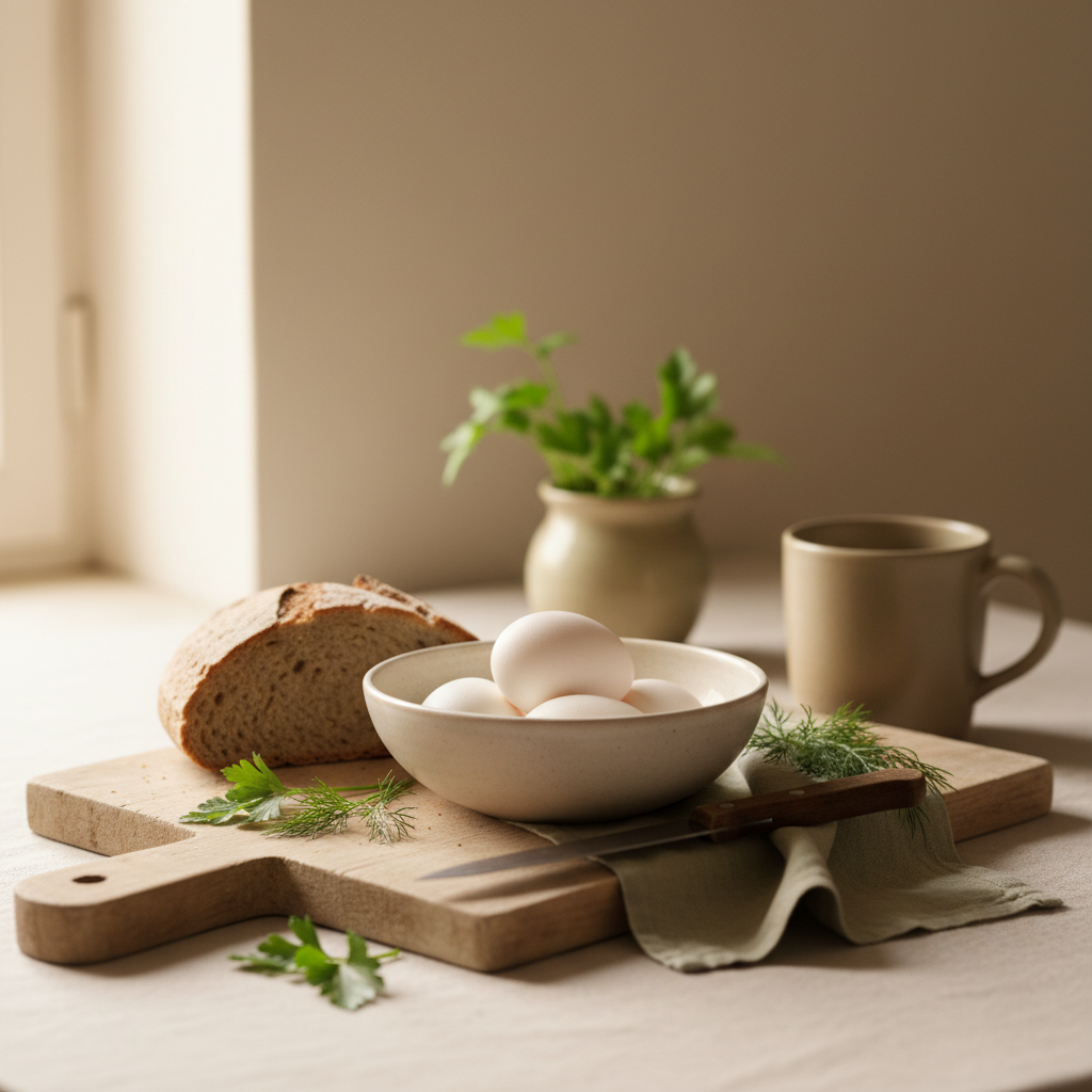 Wie koche ich das perfekte Ei? Heimelige, minimalistische Küchenaufnahme mit weich gekochten Eiern, rustikalem Brot und frischen Kräutern vor Hintergrund #dbdbcf