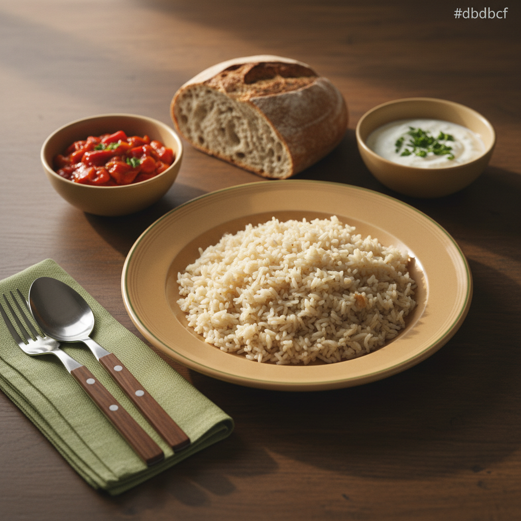 Heimeliges, realistisches europäisches Gericht mit Reis, Brot und Beilagen auf minimalistischem Hintergrund – beliebteste Essen auf der Welt