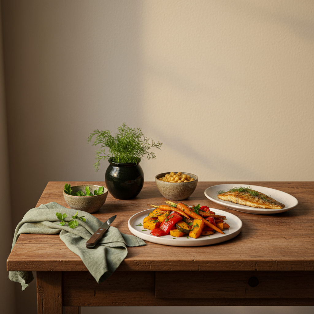 Was sollte man abends Essen? Minimalistisches, realistisches Abendessen: Ofengemüse, kleine Schale Kichererbsen und Teller mit gebratenem Fisch, frische Kräuter, warme Töne, Hintergrund #dbdbcf.