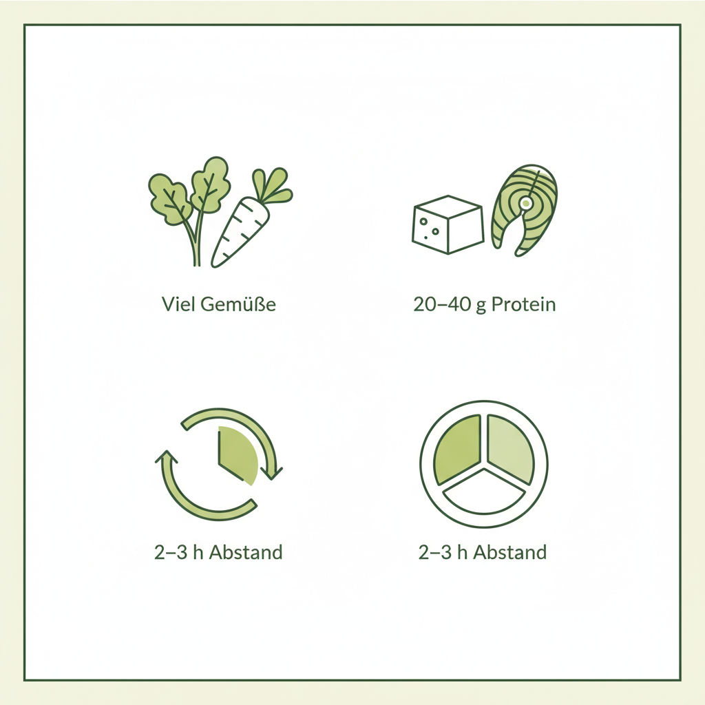 Minimalistische 2D-Vektor-Infografik: Was sollte man abends Essen? Icons für Gemüse, Protein, Uhr (2–3 h Abstand) und Portionen in Markenfarben.