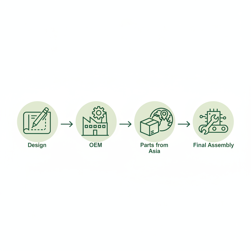 2D-Vektor-Infografik der Lieferkette: Design, OEM, Teile aus Asien und Endmontage in Schnell Lecker Farben. Welche Firma steckt hinter Monsieur Cuisine