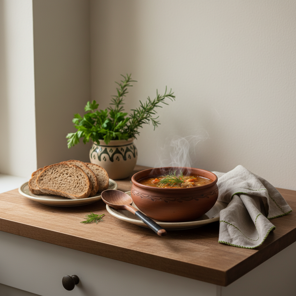 Welche Firma steckt hinter Monsieur Cuisine: Vollbild-Nahaufnahme einer heimischen europäischen Küche mit gedecktem Teller, warmen Tönen und Schnell Lecker Farben