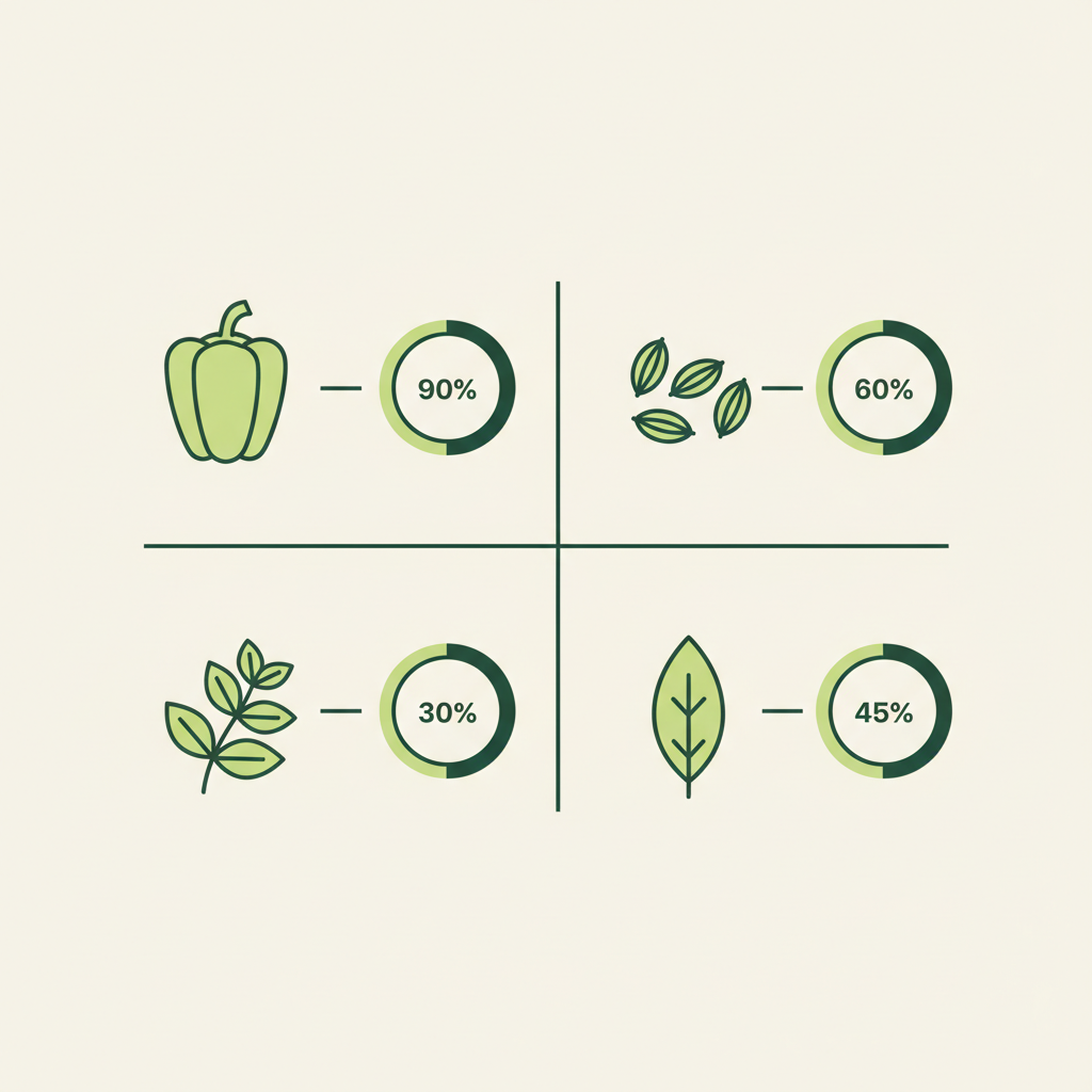 Minimalistische 2D-Vektor-Infografik mit Icons für Paprika, Kümmel, Majoran und Lorbeer sowie proportionalen Balken, passend zu Gewürze Gulaschsuppe.