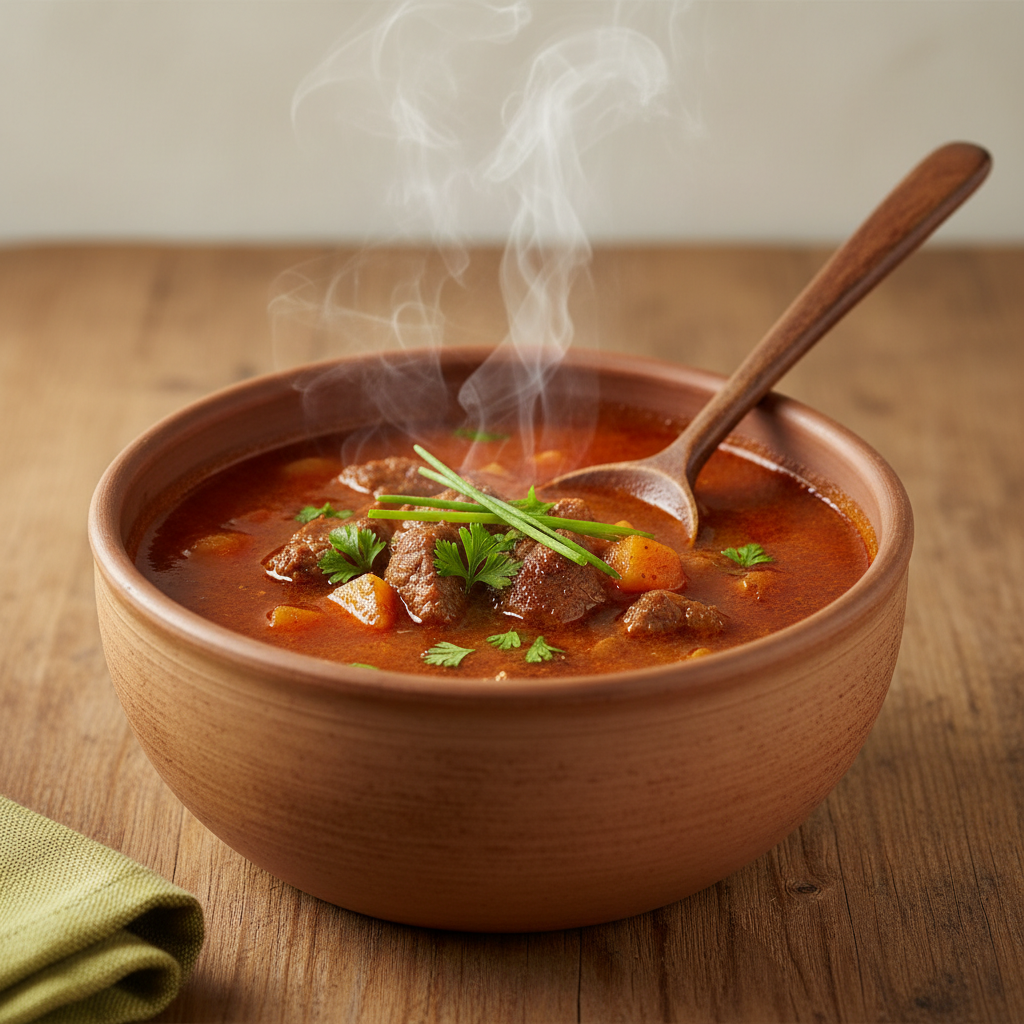 Gewürze Gulaschsuppe: Nahaufnahme einer dampfenden Schale Gulaschsuppe mit paprika-roter Brühe, frischen Kräutern und vintage Holzlöffel auf warmem Holztisch, minimalistisches Set