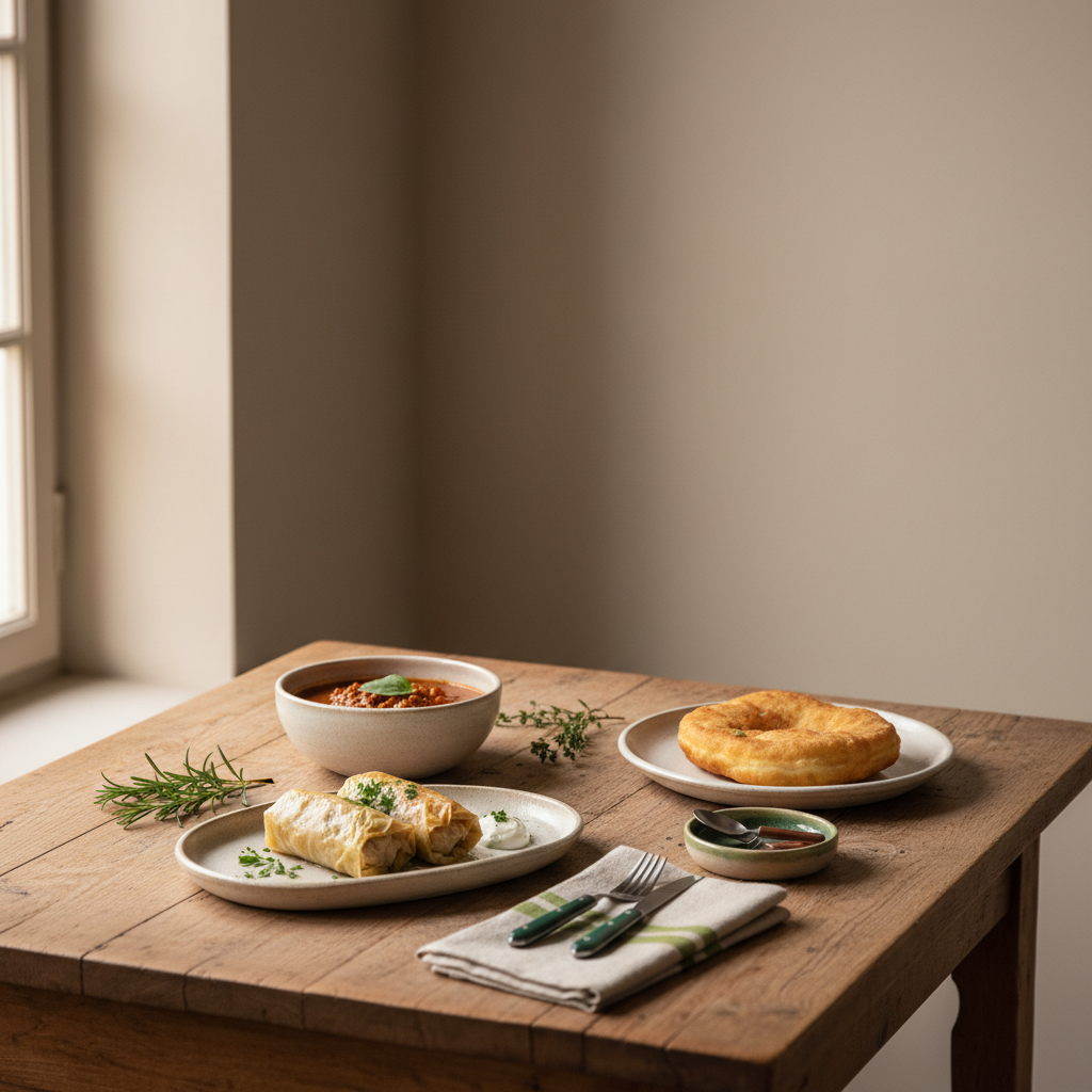 Minimalistischer Esstisch mit ungarischen und rumänischen Gerichten in warmem Licht, dezente Brand-Farben akzente – ungarische Erfindungen