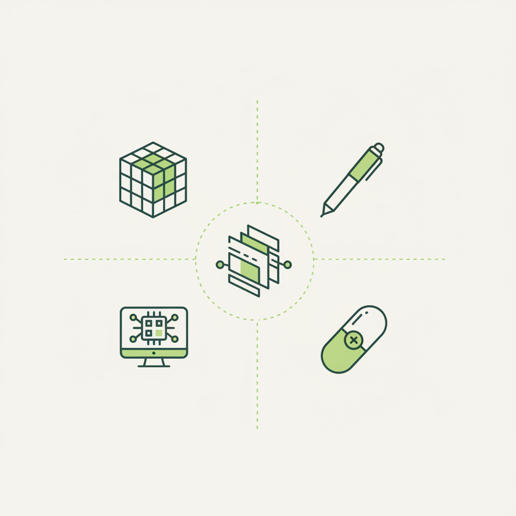 Minimalistische 2D-Vektorinfografik mit fünf Icons (Rubiks Cube, Kugelschreiber, Hologramm, Computer, Vitamin) in Schnell-Lecker-Farben – ungarische Erfindungen
