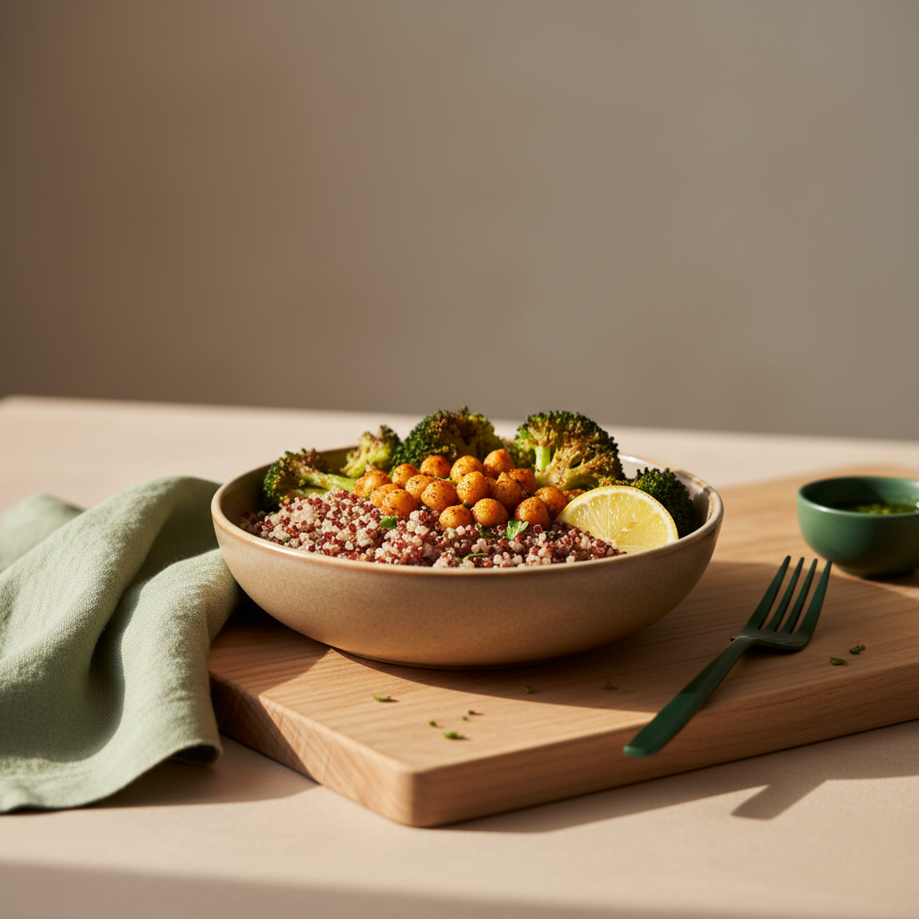 Nahaufnahme einer bunten Quinoa-Bowl mit geröstetem Brokkoli, Kichererbsen und Zitronenscheibe auf minimalistischem Tischhintergrund – Leber entgiften