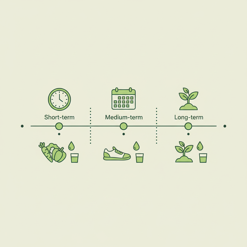 Minimalistische 2D-Vektor-Infografik zum Leber entgiften: horizontale Timeline mit drei Zeitabschnitten, Gemüse-, Wasser- und Bewegungssymbolen in Schnell-Lecker-Farben.