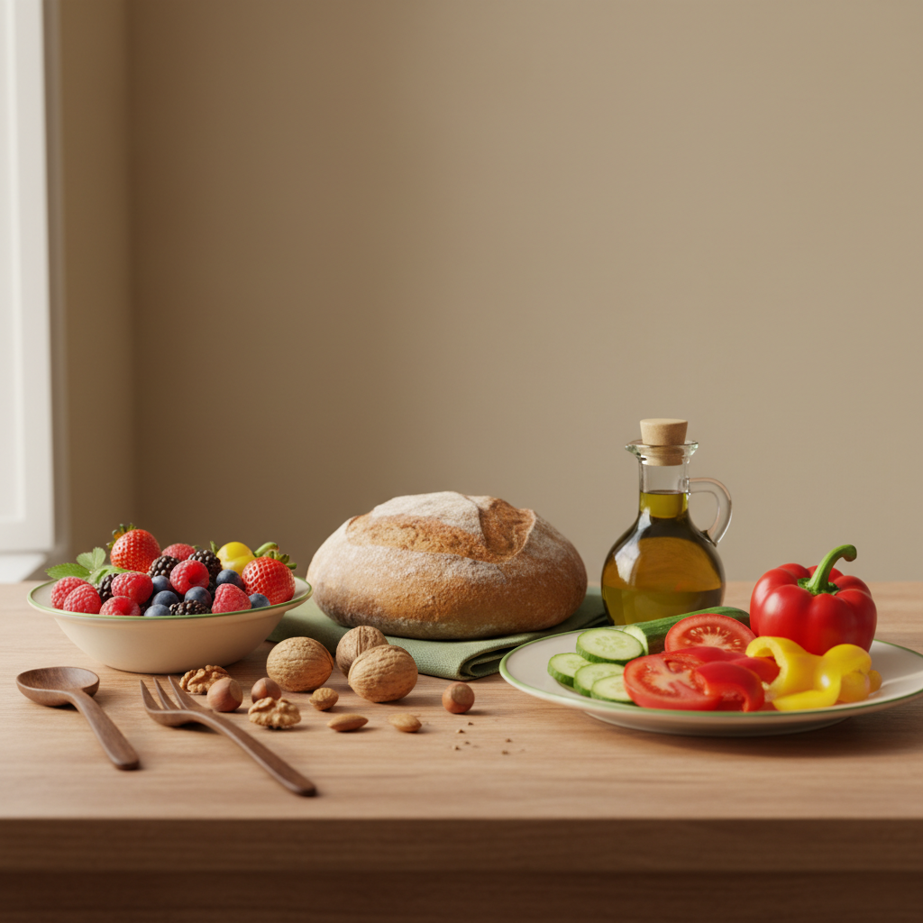 Wie kann ich meine Leber reinigen? Heimeliges, realistisches Menü mit Vollkornbrot, Nüssen, Beeren, Olivenöl und Gemüse auf Holztisch in warmen Naturtönen, minimalistisches Setting.