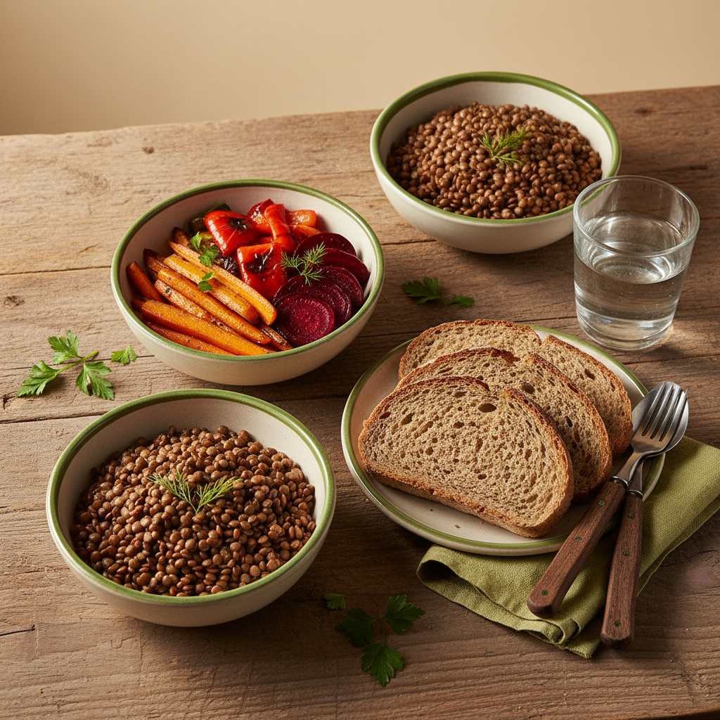 Close-up einer heimischen Mahlzeit mit Linsen, geröstetem Gemüse, Vollkornbrot und Glas Wasser auf Holztisch, warme Stimmung, Leberreinigung