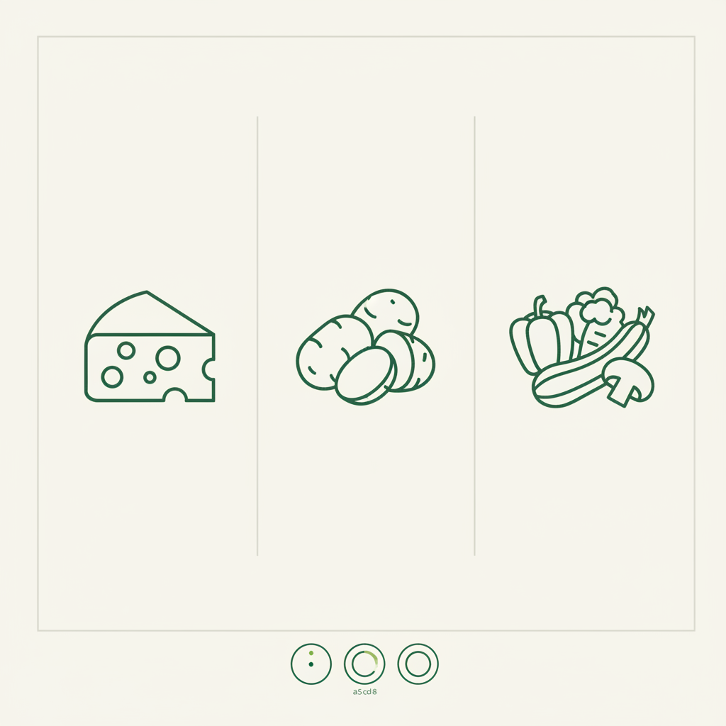 Raclette Zutaten Infografik mit Vektor-Icons: Käse, Kartoffeln, Gemüse und minimalistischer Portionsleitfaden in dreispaltigem, markenkonformem Design.
