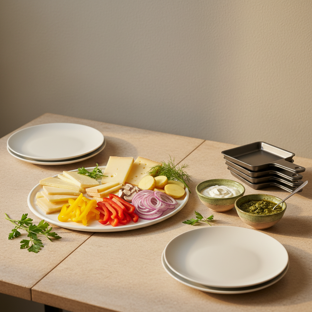 Raclette Zutaten auf minimalistischem Holztisch: Käsescheiben, geschnittenes Gemüse und kleine Dipschalen vor hellem Hintergrund #dbdbcf