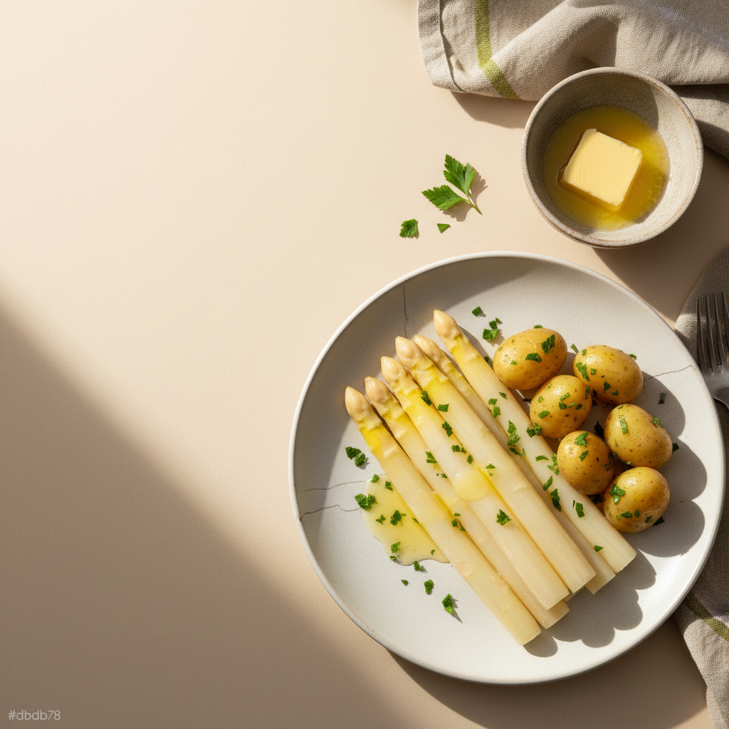 Vollbild-Spargelteller mit Kartoffeln, Kräutern und schmelzender Butter ins Spargelwasser in minimalistischer, warmer Küchenszene (#dbdbcf Hintergrund, #a5cd8d Akzent, #21431f Details).
