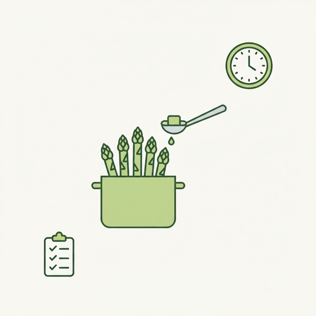 Minimalistische 2D-Infografik mit Topf und Spargel, Butterlöffel, Uhr für Garzeiten und Checkliste im Markenstil – Butter ins Spargelwasser