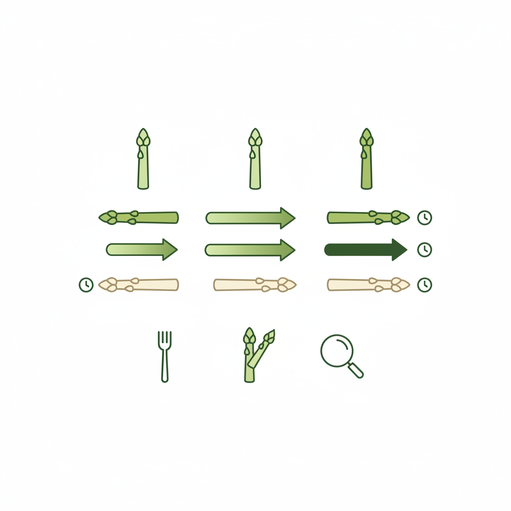 Infografik: Spargel gar testen – minimalistische 2D-Vektoransicht mit Reihen für weißen und grünen Spargel und drei Test-Icons (Gabel, Probebiss, Sichtkontrolle).