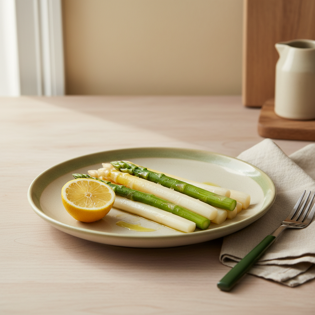 Nahaufnahme eines Tellers mit blanchiertem grünen und weißen Spargel, Zitronenschnitz und Olivenöl – ideal für Anleitungen zum Spargel blanchieren.
