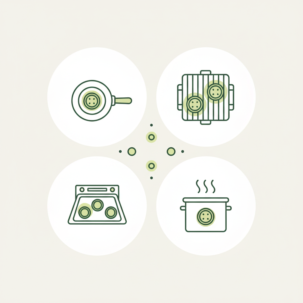 Minimalistische 2D-Vektor-Infografik mit vier Icons (Pfanne, Grill, Ofen, Dämpfen) zum Zucchini zubereiten, Farbstil Schnell Lecker (#dbdbcf, #a5cd8d, #21431f).