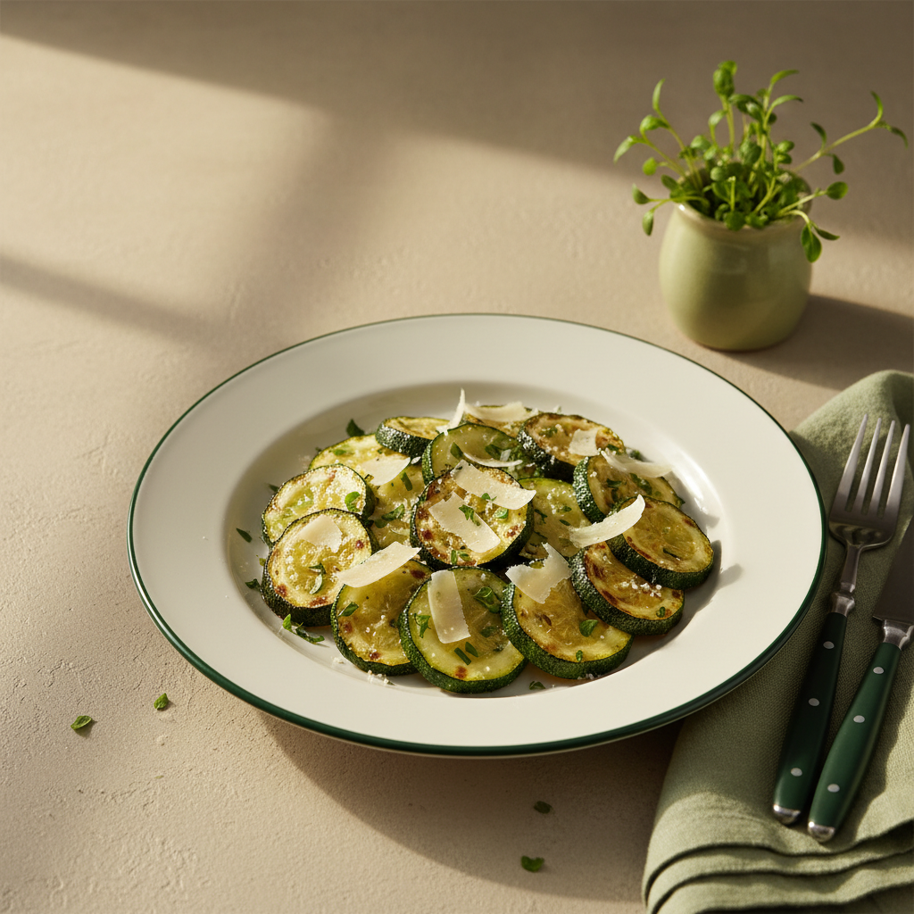 Zucchini zubereiten: Nahaufnahme gerösteter Zucchinischeiben mit Parmesan und Kräutern auf neutralem Hintergrund, minimalistisch, warme europäische Küchenstimmung