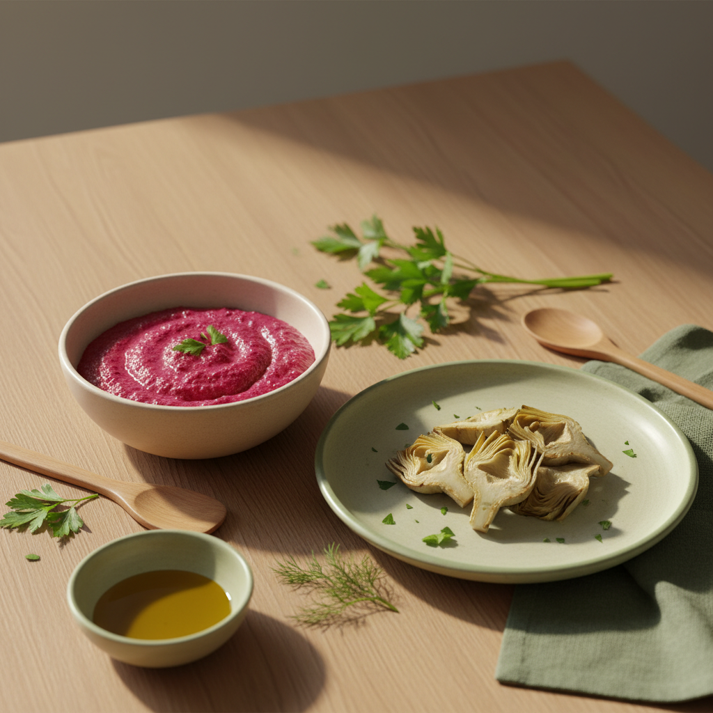 Hausmittel Leber entgiften: Heimisches Gericht mit Rote-Bete-Brei, Artischocken und frischen Kräutern auf Holztisch vor hellem #dbdbcf Hintergrund