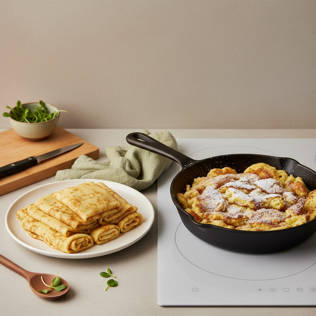 Unterschied Palatschinken Kaiserschmarrn: Seitliche Gegenüberstellung mit dünnen, gerollten Palatschinken auf Teller und zerrissenem Kaiserschmarrn in Pfanne in heller, minimalistischer Küche.