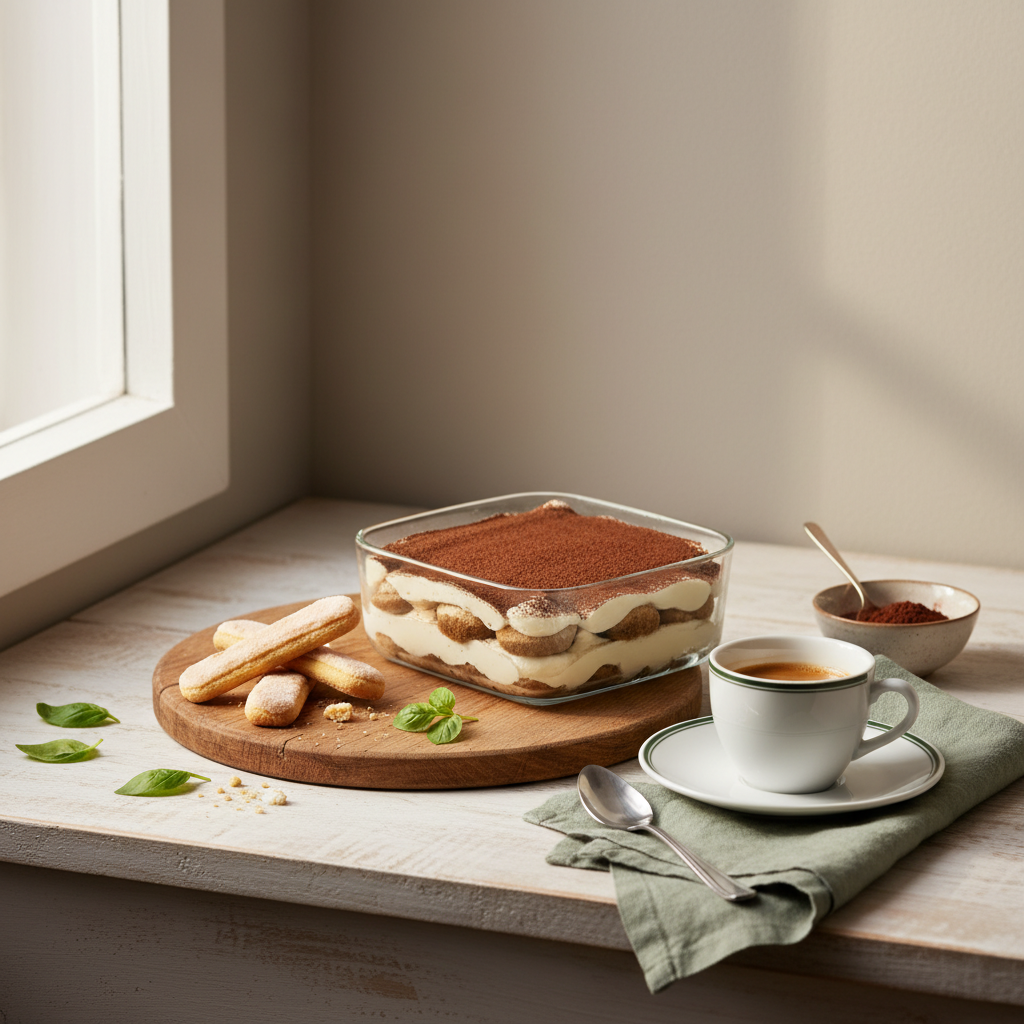 Minimalistisches, heimeliges Küchenstillleben mit Zutaten für Tiramisu: Glasform mit Tiramisu, Espressotasse und Löffelbiskuits auf Holzbrett vor Hintergrund #dbdbcf