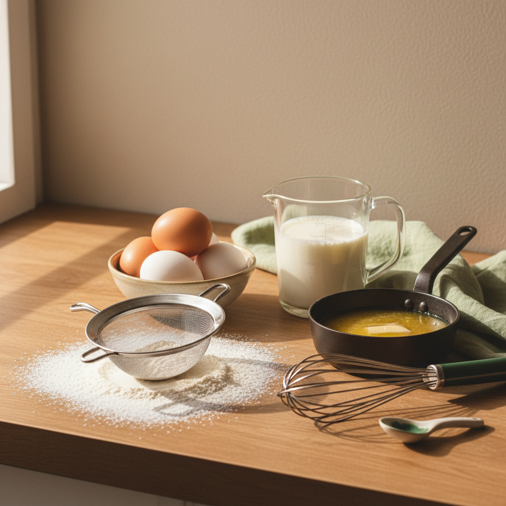 Crêpe Grundrezept Zutaten auf hellem Hintergrund: gesiebtes Mehl im Sieb, Eier, Messbecher mit Milch, geschmolzene Butter im Topf und Schneebesen