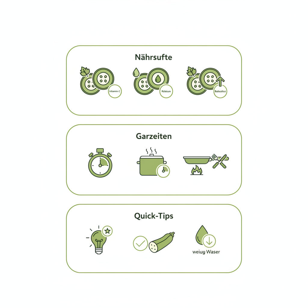 Minimalistische 2D-Vektor-Infografik zu Wie isst man Zucchini am nahrhaftesten? mit Icons für Nährstoffe, Garzeiten und Quick‑Tips in Markenfarben