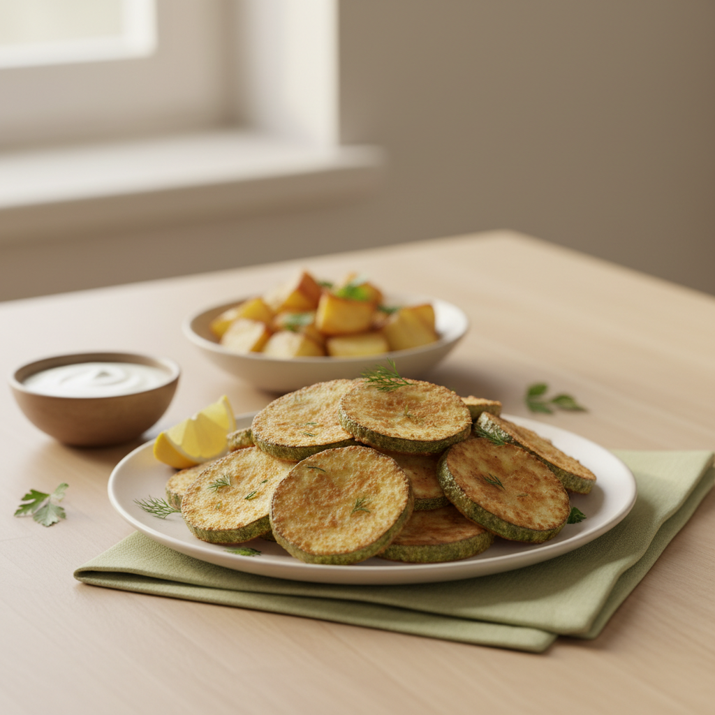 Nahaufnahme gebratener Zucchini mit Beilagen auf minimalistisch gedecktem Tisch in warmen Markenfarben, Hintergrund #dbdbcf — Wie isst man Zucchini am nahrhaftesten?