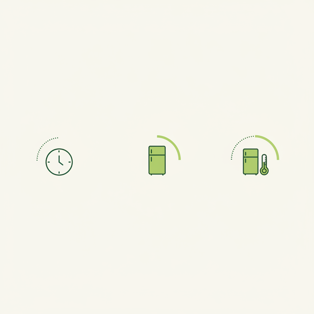 Minimalistische 2D-Vektorinfografik zum Pizzateig gehen lassen: drei Spalten mit Uhr-, Kühlschrank- und Thermometer-Icons, grafische Zeitindikatoren, Markenfarben von Schnell Lecker.