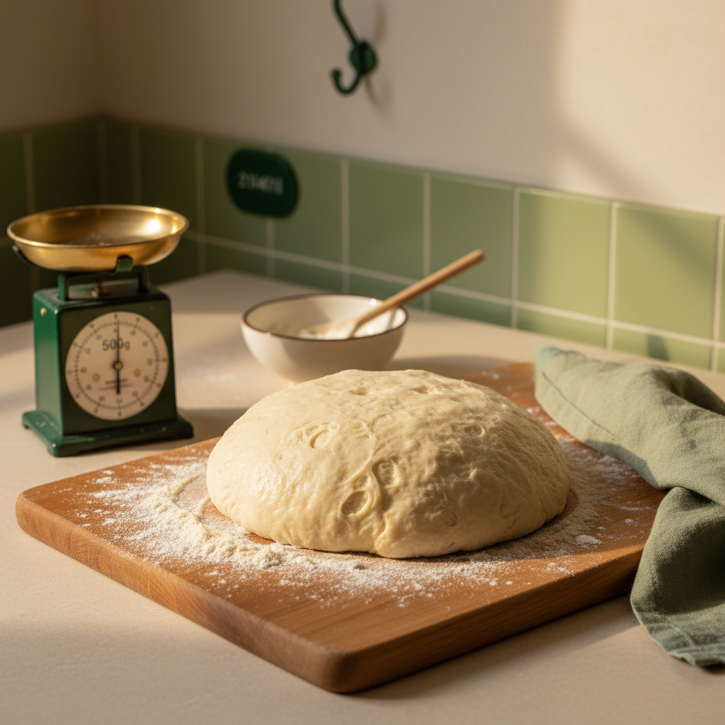 Nahaufnahme: Pizzateig gehen lassen auf bemehltem Holzbrett mit sichtbaren Blasen und Waage auf 500 g, warmes Licht, Hintergrund #dbdbcf, Akzent #a5cd8d