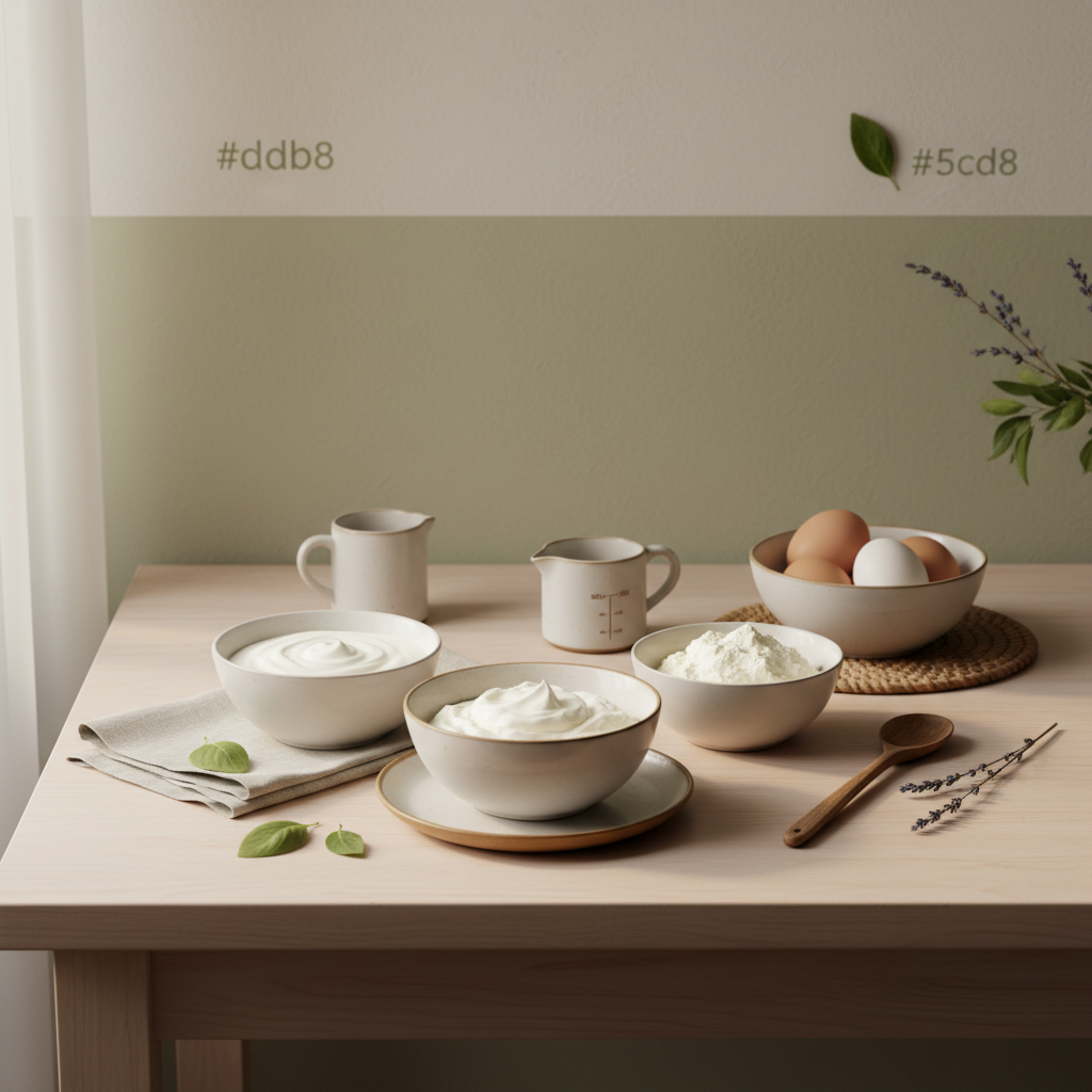 Saure Sahne Käsekuchen Zutaten auf einem minimalistischen Küchentisch: Schüsseln mit saurer Sahne, Schlagsahne, Frischkäse, Eier, warmes Licht, Hintergrund #dbdbcf.