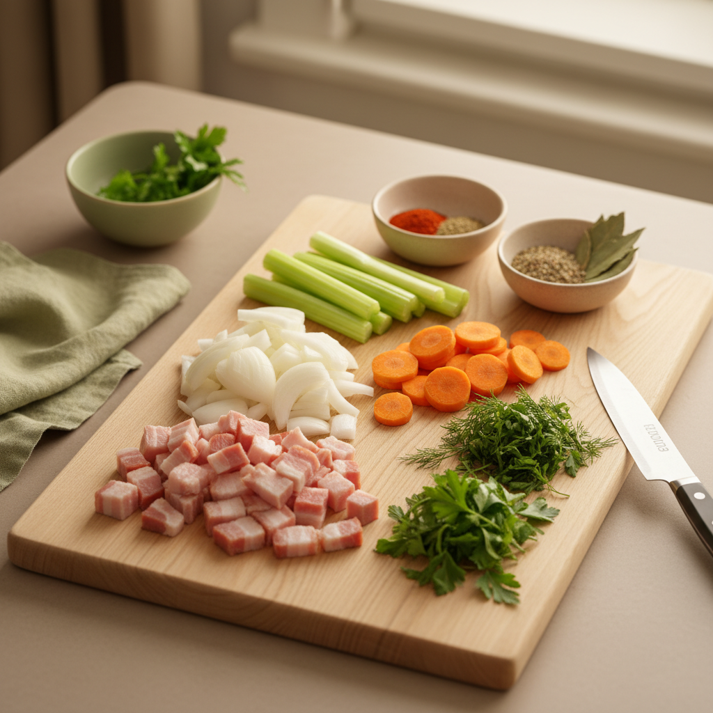 Nahaufnahme von Pancetta, Zwiebel, Karotte, Sellerie und Bolognese Gewürze auf einem hellen Holzbrett in einem minimalistischen, warm beleuchteten Küchen-Set.