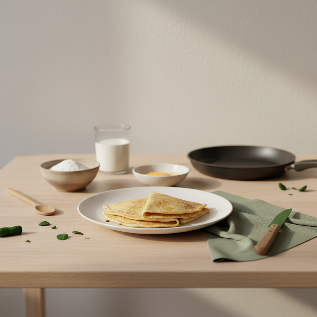 Full‑Frame Foto eines minimalistischen, heimeligen Küchentischs mit frisch zubereiteten Crêpes, Mehl, Eiern und Milch vor Hintergrund #dbdbcf mit Akzenten #a5cd8d.