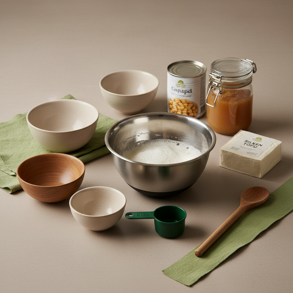 Vollbild einer minimalistischen Küche mit Schüsseln, Apfelmusglas, Dose Kichererbsen, Seidentofu und Metallrührschüssel mit Aquafaba – Ersatz für Eier