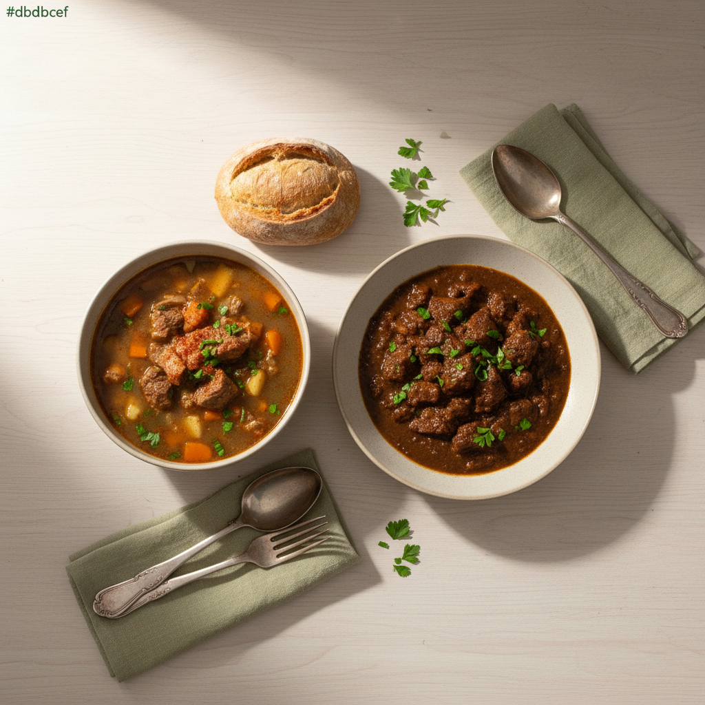 Zwei Schalen mit Gulyás vs Gulasch nebeneinander auf hellem Holztisch, minimalistisches heimisches Arrangement in Markenfarben #dbdbcf, #a5cd8d, #21431f